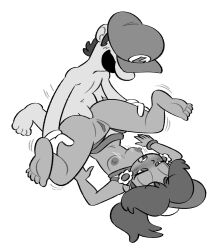 1boy 1girls anal anal_sex black_and_white blush breasts clothed_female_nude_male clothing duo earrings facial_hair feet female genitals goopabloopa hands_on_legs hat legs_up looking_at_another luigi lying_on_back male male/female mario_(series) mario_kart mario_kart_world mature mature_female mature_male nintendo nipples open_mouth penis penis_in_anus ponytail princess princess_daisy princess_daisy_(swimwear) pussy royalty sex short_hair straight straight_sex white_background
