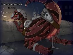 anjydrawslewd armor blush blushing_at_viewer bodily_fluids breath breathing_noises claws command dialogue dino_d-day dinosaur english_text female female_feral female_only feral feral_female feral_only hi_res looking_at_viewer looking_back markings night nude open_mouth prehistoric_species pupil raised_tail red_body reptile requesting sandbags saurischian scalie sex_request solo_female solo_feral solo_focus striped_body striped_markings stripes sweat sweatdrop tail talking_to_viewer theropod yellow_eyes