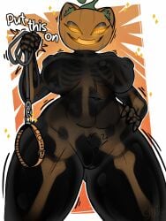 2025 anthro artist_name black_body bone breasts cjuice collar digital_media_(artwork) english_text epic_games felid feline female food for_a_head fortnite fortnite:_battle_royale fruit fur genitals halloween hi_res holidays hypnosis jack-o'-lantern looking_at_viewer mammal mind_control nipples nude object_head open_mouth orange_eyes plant pumpkin pumpkin_head pussy simple_background skeleton smile solo spice_(fortnite) standing text thick_thighs translucent translucent_body visible_skeleton vulva wide_hips