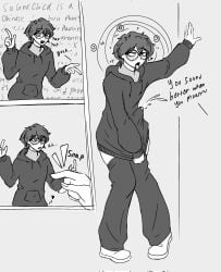 1femboy 1male ahe_gao ahegao_face black_and_white black_hair blush brain_drain brainwashed brainwashing bulge bulge_through_clothing clothed clothing cock cum cum_through_clothes cum_through_clothing cumming curly_hair english_text erection erection_under_clothes eyes_rolling_back femboy feminine_male feminization glasses hoodie hypnosis intelligence_loss malesub marchillust medium_hair messy mind_control moaning moaning_in_pleasure orgasm_without_stimulation original original_character pants pants_down penis_visible_through_clothing resisting resisting_orgasm semen sketch snapping_fingers spiral spurting talking text thick_thighs trance trying_to_resist yapping
