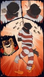 absurd_res ankles_tied anthro asphyxiation bound canid canine canis clothed clothing comic dialogue digital_media_(artwork) domestic_dog duo english_text execution footwear fur hair hands_behind_back hands_tied hands_tied_behind_back hanged headgear headwear hi_res hyena imminent_death laugh male mammal noose porcumoose_artistries rope sandals shoes smile socks speech_bubble spotted_hyena tail teeth text topwear