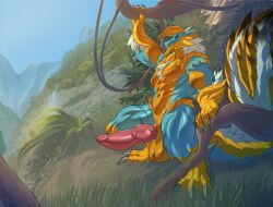 abs ankle_spikes anthro arm_scar arm_spikes balls bara big_balls big_penis big_tail blue_body blue_eyes blue_scales burn_marks burn_scar capcom chest_tuft claws digitigrade elbow_fur fan_character fanged_wyvern fern fluffy fluffy_tail fur genitals grass head_spikes hi_res hill hillside horn jagged_mouth javkiller knee_spikes knot knotted_penis leaf leg_scar leg_spikes long_ears male male_only mane monster_hunter multicolored_body multicolored_scales muscular muscular_anthro muscular_arms muscular_legs muscular_male pec_scar pecs penis plant scales scar scars_all_over shoulder_spikes sky soft_smile solo solo_male spiked_tail spikes spikes_(anatomy) story story_in_description tail thigh_scar tree tuft two_tone_body two_tone_scales vein veiny_penis vines waterfall white_body white_fur yellow_body yellow_scales zinogre