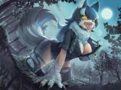 1girls 2017 5_fingers areola ass black_hair breasts c-3matome canine claws cleavage curvy detailed_background drooling erect_nipples female female_only fluffy fluffy_tail fur glowing glowing_eyes grass grey_fur grey_hair grey_wolf_(kemono_friends) highres kemono_friends large_ass large_breasts looking_at_viewer mammal moon multicolored_hair nature necktie night nipples no_bra open_mouth outdoors panties pussy_juice pussy_juice_drip saliva sky solo star thighhighs tongue tongue_out torn_bottomwear torn_clothes transformation tree two_tone_hair were werewolf wolf yellow_eyes