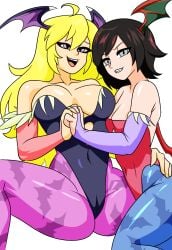 2girls alternate_version_available big_breasts blonde_hair breasts cosplay costume darkstalkers female female_only head_wings holding_hands large_breasts leotard lilith_aensland_(cosplay) long_hair looking_at_viewer morrigan_aensland_(cosplay) multiple_females multiple_girls purple_eyes red_hair ruby_rose rwby short_hair silver_eyes sisters small_breasts wallyroo wings yang_xiao_long