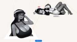 2girls australia black_hair breasts cleavage demon_girl demon_horns diagonal_bangs female gigantic_breasts glowing_eyes headphones headphones_on_head heavy_breasts horns huge_breasts l0nely_k1tten laying_down long_hair oblivionfall phalia pixel_art pixelated red_eyes straight_bangs tank_top tight_clothing wplace wplace_(artwork)