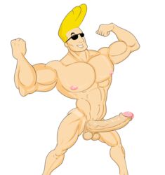 1boy abs animated big_pecs blonde_hair cartoon_network completely_naked erect_nipples erection feet_out_of_frame flexing humping johnny_bravo johnny_bravo_(series) male male_only naked pecs penis presenting retracted_foreskin solo_male sunglasses swinging_balls veiny_penis white_background