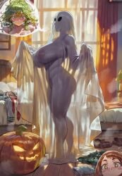 2girls absurd_res ai_assisted ai_generated areolae ass big_breasts big_nipples blush boku_no_hero_academia breasts breasts_bigger_than_head brown_eyes brown_hair busty costume curvaceous curvy curvy_female curvy_figure duo eyebrows eyelashes female female_focus female_only ghost ghost_costume glistening glistening_body green_eyes green_hair halloween halloween_costume hi_res huge_breasts light-skinned_female light_skin motion_lines my_hero_academia nipples ochako_uraraka puffy_nipples shexyo superheroine tooru_hagakure voluptuous voluptuous_female wide_hips
