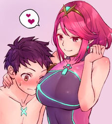 1boy 1girls blush breasts competition_swimsuit earrings female hair_ornament hug jewelry large_breasts long_hair looking_at_viewer navel nintendo one-piece_swimsuit ooshima_aki pyra red_eyes red_hair rex_(xenoblade) short_hair simple_background smile swimsuit tiara xenoblade_(series) xenoblade_chronicles_2