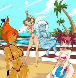 4girls adventure_time aged_up alternate_breast_size arms_above_head arms_up bare_shoulders barefoot beach_ball big_breasts bikini bikini_bottom bikini_top black_eyes blue_eyes blue_skin bracer brown_hair busty cartoon_network choker cleavage crossed_legs crossover crown curvy day detailed_background disgaea ear_piercing earrings eastern_and_western_character etna female female_only fire_hair flame_princess forehead_jewel front_view g-string group hand_on_hips hands_on_hip hands_on_hips heloise holding_object hourglass_figure human humanoid ice_queen_(adventure_time) jimmy_two-shoes legs_crossed long_eyebrows long_hair manic47 micro_bikini midriff multiple_females multiple_girls narrow_waist older orange_hair orange_skin outdoor outside piercing pink_hair pointy_ears ponytail pool pose posing shiny shiny_skin short_hair skimpy sling_bikini standing string_bikini swimsuit tied_hair tree twintails underboob very_long_hair voluptuous water white_eyes white_hair wide_hips