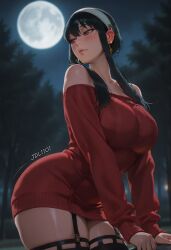 ai_assisted ai_generated anime bangs bare_shoulders breasts dark_sky female garter_straps large_breasts large_thighs long_sleeves moon nature_background night park red_sweater seductive sexy_pose sky spy_x_family straps thick_thighs thighhighs trees yor_briar yor_forger