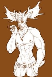 1boy anthro bulge cervine cigar clothed clothing commission-mission deer looking_at_viewer male male_only mammal monochrome muscular muscular_male nipples penis pubes solo topless