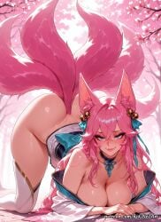 2026 ahri ahri_(league_of_legends) ai_generated all_fours animal_ear_fluff animal_ears animal_tail anime ass bangs bare_shoulders bell blue_eyes blush breasts buttocks cat_ears cherry_blossoms choker cleavage collarbone crossover eye_contact facial_mark female female_focus female_only flushed fox_ears fox_girl fox_tail hair_accessory hair_bell hair_between_eyes hair_ornament highres huge_breasts japanese_clothes kimono korean_clothes large_breasts league_of_legends long_hair looking_at_viewer multiple_tails nsfw patreon patreon_username pink_hair ribbon riot_games rognezart smile smiling solo spirit_blossom_ahri sweat sweaty tail thighhighs top-down_bottom-up tree very_long_hair whisker_markings white_thighhighs