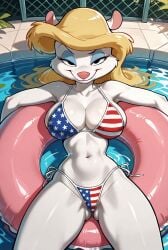 1girls ai_generated american_flag_bikini animaniacs bikini black_eyes looking_at_viewer minerva_mink pool tagme warner_brothers