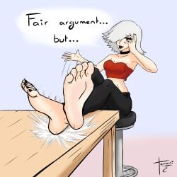 1girls absurdres artist_request babe black_lipstick black_nail_polish black_toenail_polish choker dialogue dialogue_bubble fair_argument_but... feet feet_on_table feet_up female_focus female_only foot_fetish foot_fetish_validation foot_focus foot_lick foot_play foot_worship funny highres meme meme_reference oc original_character presenting_feet red_eyes red_topwear sexy_feet sexy_female showing_feet soles soles_fetish solo_female toes white_hair