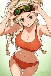 adjusting_goggles asymmetrical_hair blacksmith blonde_hair blue_eyes braid breasts cleavage female female_only gemma_(monster_hunter_wilds) goggles goggles_on_head gradient_background highres large_breasts long_hair looking_at_viewer monster_hunter_(series) multiple_braids navel panties ponytail red_panties red_sports_bra revenantart solo sports_bra sweat underwear underwear_only