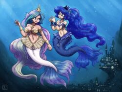 2020 2girls armlet armor bare_shoulders big_breasts blue_body blue_hair blue_scales blue_tail bra bracers breasts city city_background clothing crown duo ear_fins female fin friendship_is_magic hair hasbro headgear hi_res humanoid_merfolk index_to_index jewelry king-kakapo long_hair marine merfolk mermay multicolored_hair my_little_pony necklace ocean_floor princess_celestia_(mlp) princess_luna_(mlp) scales seashell_bra sibling_(lore) sister_(lore) sisters_(lore) split_form strapless_bra strapless_clothing strapless_underwear swimming tail underwater underwater_city underwear water white_body white_scales white_tail