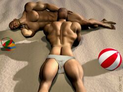 2002 2boys 3d archived_source ass bara beach beach_ball dated fellatio gay laying_down male male_only muscular nipples original sand ulf_raynor underwear underwear_down white_underwear yaoi
