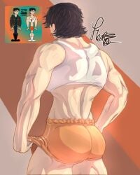 ambush_(trap) artist_logo artist_name artist_signature clothed clothed_male disventure_camp femboy femboy_dilf gay heartz_paints hooters hooters_uniform male muscular muscular_ass muscular_back muscular_femboy muscular_male reference reference_image tagme tagme_(artist) tom_(disventure_camp)