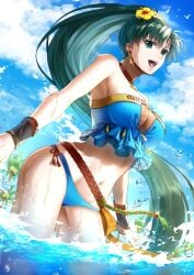 1girls bare_shoulders beach belt bikini bird blue_bikini blue_sky breasts choker cleavage cloud coconut coconut_tree day delsaber earrings female female_only fire_emblem fire_emblem_heroes flower green_eyes hair_flower hair_ornament highres jewelry large_breasts long_hair lyn_(fire_emblem) lyn_(lady_of_the_beach)_(fire_emblem) navel necklace nintendo ocean official_alternate_costume open_mouth palm_tree partially_submerged ponytail shell sky smile solo splashing strapless strapless_bikini sunlight swimsuit tassel tree very_long_hair wading water water_drop wrist_cuffs yellow_flower