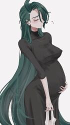 black_dress elite_four eyes_closed green_hair large_breasts maternity_clothes maternity_dress mtkpasta necklace nipples_visible_through_clothing pokemon pregnant pregnant_belly pregnant_female red_eyes rika_(pokemon) sexy sexy_female solo solo_female teal_hair