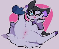 1girls 2017 3_toes alternate_color anthro anus ass black_fur blue_eyes braixen disembodied_hand eyewear female fur glasses inner_ear_fluff leg_grab loliswitch nintendo one_eye_closed open_mouth pawpads paws peach_pussy pokémon_(species) pokemon pokemon_(species) purple_fur purple_pawpads reclining solo_focus spread_legs spreading toes video_games wink