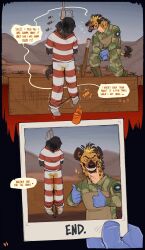 absurd_res anthro asphyxiation bodily_fluids boots bottomwear canid canine canis clothed clothing comic corpse death death_piss digital_media_(artwork) domestic_dog duo execution executioner executioner_(male) footwear fur gallows genital_fluids gloves hair handwear hanged hanged_(short_drop) headgear headwear hi_res holding_photo hyena looking_at_viewer male male_death male_ryona mammal military military_uniform noose open_mouth open_smile pants peeing peeing_self photo photoshoot porcumoose_artistries rope sandals selfie shirt shoes smile smiling socks spotted_hyena tail topwear trapdoor uniform urine urine_on_clothing urine_on_pants war_crime wetting