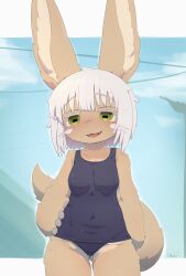 absurd_res anthro blush breasts brown_body brown_fur butt clothed clothing female fluffy fluffy_tail fur hair hand_on_hip hi_res lagomorph leporid looking_at_viewer made_in_abyss mammal nade_arts nanachi narehate open_mouth school_swimsuit scut_tail short_hair short_stack short_tail small_breasts smile smug solo solo_female swimwear tail thick_thighs water whiskers white_hair wide_hips
