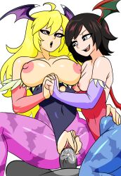 1boy 2girls alternate_version_available anonymous_male big_breasts blonde_hair breasts cosplay costume darkstalkers exposed_breasts female head_wings holding_hands large_breasts leotard leotard_aside lilith_aensland_(cosplay) long_hair looking_at_viewer male morrigan_aensland_(cosplay) multiple_females multiple_girls nipples penetration purple_eyes pussy pussy_juice red_hair ruby_rose rwby sex short_hair silver_eyes sisters small_breasts straight threesome torn_clothes wallyroo wings yang_xiao_long