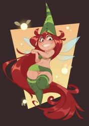 absurdly_long_hair bandeau betilla_(rayman) conical_hat electoon_(rayman) fairy fairy_wings female green_bandeau green_hat green_skirt green_thighhighs grin hat highres huffslove long_hair looking_at_viewer microskirt no_panties nymph_(rayman) own_hands_clasped own_hands_together pear-shaped_figure pussy rayman_(series) red_hair skirt smile solo thick_thighs thighhighs thighs very_long_hair wide_hips wings