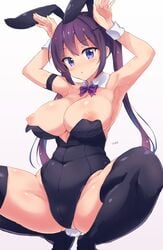 absurdres alternate_breast_size animal_ears armpits arms_up bangs black_legwear black_leotard blush breasts bunny_ears bunny_pose bunny_tail bunnysuit commentary_request covered_navel eyebrows_visible_through_hair fake_animal_ears fake_tail female gochuumon_wa_usagi_desu_ka? hair_ornament hairband hairclip highres large_breasts leotard long_hair looking_at_viewer nipples nitro_(mugityaoisii) parted_lips purple_eyes purple_hair sidelocks simple_background solo spread_legs squatting strapless strapless_leotard tail tedeza_rize thighhighs thighs twintails wrist_cuffs