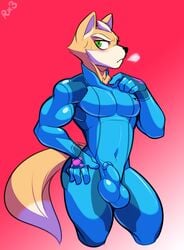 2016 anthro athletic balls biceps blush bulge canine fox fox_mccloud girly green_eyes hi_res male male_only mammal metroid navel nintendo pecs penis penis_outline rokiloki solo solo_male star_fox thick_thighs video_games wide_hips zero_suit zero_suit_fox