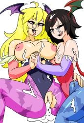 2girls after_sex alternate_version_available big_breasts blonde_hair breasts cosplay costume covered_in_cum creampie cum cum_inside cum_on_body cum_on_breasts cum_on_face darkstalkers female female_only head_wings holding_hands large_breasts leaking_cum leotard leotard_aside lilith_aensland_(cosplay) long_hair looking_at_viewer morrigan_aensland_(cosplay) multiple_females multiple_girls purple_eyes red_hair ruby_rose rwby short_hair silver_eyes sisters small_breasts torn_clothes wallyroo wings yang_xiao_long
