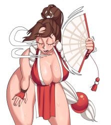 big_breasts breasts breeze brown_hair cleavage closed_eyes collarbone commentary dairenke_art english_commentary fan fatal_fury female hair_up hand_fan high_ponytail highres king_of_fighters large_breasts mai_shiranui motoyui ponytail revealing_clothes snk solo standing sweat thick_thighs thighs tongue wind wrist_guards