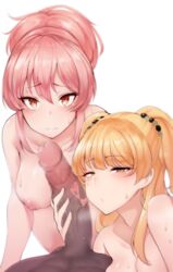 1boy 2girls blonde_hair blush breasts brown_eyes censored dark-skinned_male highres huge_cock idolmaster idolmaster_cinderella_girls interracial jougasaki_mika jougasaki_rika looking_at_viewer medium_breasts mosaic_censoring multiple_girls nipples nude penis penis_awe penis_grab pink_hair pocari_sweat_(artist) precum siblings sidelocks simple_background sisters sweat tears tsurime two_side_up white_background yellow_eyes