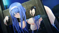 after_rape bent_over black_thighhighs blue_eyes blue_hair blush bondage bound bound_wrists breasts bridal_gauntlets censored chains choukou_(alicesoft) choukou_shinki_ixseal cum cumdrip ellis_xillia female game_cg hairband hanging_breasts humiliation ixseal large_breasts large_variant_set long_hair night nipples non-web_source official_art onigirikun open_mouth outdoors pillory public_use pussy pussy_juice restrained sky solo stationary_restraints thighhighs torn_clothes variant_set white_hairband