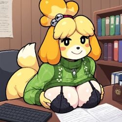 ai_generated animal_crossing anthro ass bell big_breasts black_bra black_skirt blonde_hair blush blush_lines boobs_out books bookshelf bookshelves bottomless bottomless_female breasts breasts_on_table breasts_out bubble_butt canine chair coffee coffee_cup coffee_mug computer desk desktop diplive7 display dog_girl domestic_dog ear exposed exposed_breasts female female_only fur furry green_sweater isabelle_(animal_crossing) keyboard leaning leaning_forward leaning_on_table lifting_shirt lingerie long_ears looking_at_viewer mammal nude_bottom nude_female office office_chair office_clothing office_desk office_lady on_desk paper papers skirt solo sweater tagme tail wardrobe_malfunction