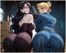 2girls adoptable ai_assisted ai_generated ass ass_focus ass_up big_ass blonde_female blonde_hair booty deviantart female female_only fullmetal_alchemist homunculus large_ass looking_at_viewer lust_(fullmetal_alchemist) military military_uniform multiple_girls posing posing_for_the_viewer riza_hawkeye tagme yametastudio