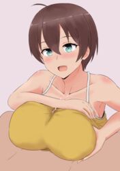 1boy ahoge bangs blush breasts brown_hair clothing collarbone cum cum_on_body cum_on_breasts cum_on_clothes cum_on_upper_body cum_through_clothes cum_through_clothing eyebrows_visible_through_hair female green_eyes highres large_breasts nao_(ritsancrossover) new_game! open_mouth outercourse paizuri paizuri_under_clothes shinoda_hajime shirt short_hair simple_background sleeveless sleeveless_shirt yellow_shirt