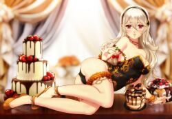 absurdres ass black_leotard blonde_hair blush breasts cake cameltoe cherry chocolate cleavage corrin_(fire_emblem) corrin_(fire_emblem)_(female) desert esther-shen esther_shen eyelashes female fingernails fire_emblem food frilled_thigh_strap frills fruit gold_trim hair_between_eyes hairband high_heels highres holding holding_food holding_fruit jewelry legs legs_together leotard lips lipstick long_hair looking_at_viewer lying makeup medium_breasts necklace nintendo on_side on_table parted_bangs parted_lips red_eyes shiny_skin skin_tight solo solo_focus strawberry table teeth thigh_strap thighs wavy_hair wrist_cuffs