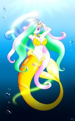 1girls 2014 5:8 absurd_res anthro blueondrive breasts bubble cleavage clothed clothing equid equine eyeshadow female friendship_is_magic fur hair hair_over_eye hands_behind_head hasbro hi_res horn jewelry long_hair looking_at_viewer makeup mammal marine merfolk mermaid_tail multicolored_hair my_little_pony mythological_creature mythological_equine mythology necklace princess_celestia_(mlp) purple_eyes scales seashell_bikini small_waist smile solo spiral_shell split_form tail underwater unicorn water white_body white_fur yellow_body yellow_scales yellow_tail