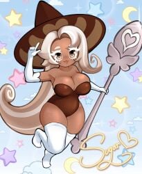 1girls armwear artist_logo artist_request artist_signature big_breasts blue_background breasts brown_body brown_hair brown_skin bunnysuit clothed clothing cloud cookie_run cookie_run_kingdom dual_colored_hair female latte_cookie_(cookie_run) lips long_hair magical_girl pointing_up solo solo_female solo_focus staff star stars stylized_eyes thick_thighs thighs very_long_hair white_hair white_thigh_highs white_thighhighs witch_hat