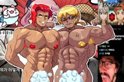 2boys abs armpit_hair bara blonde_hair blonde_male blush blush_lines buff buff_male censored censored_penis colored_nipples danganronpa danganronpa_another fanganronpa flexing hairy_armpits kasai_shinji makunouchi_hajime male male_only nipples only_male penis red_hair sunglasses super_danganronpa_another_2 veiny yaoi yellow_eyes