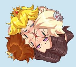 4girls black_hair blonde_hair brown_hair commission commissioner_upload crown female female_only french_kiss group_kissing high_resolution incest incest_(lore) incestuous kissing mario_(series) multiple_girls nintendo pauline pauline_(mario) pawgg princess_daisy princess_peach princess_rosalina quadruple_kiss silver_hair sisters super_mario_bros. top_view yuri