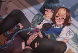 2girls animal_ears black_hair brown_hair commentary english_commentary exlic fingering fingerless_gloves glasses gloves jane_doe_(zenless_zone_zero) mouse_ears mouse_girl mouse_tail multicolored_hair multiple_girls necktie pantyhose pussy pussy_juice reverse_upright_straddle sharp_tail spread_legs tail tomiya_(zenless_zone_zero) torn_clothes torn_pantyhose two-tone_hair variant_set yuri zenless_zone_zero