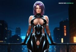 1girl ai_assisted ai_generated armor bare_shoulders black_bodysuit black_hair city cityscape clouds cowboy_shot crotchless curvy dark_theme detailed_pussy dynamic_lighting elbow_gloves fishnets freckles gloves hairband high_contrast kagami_hirotaka koukawa_oboro looking_at_viewer neon_lights nicoletta_goldstein night night_sky outdoors realistic semi_realistic soft_shading taimanin_asagi_zero taimanin_suit tattoos thigh_gap visible_pussy