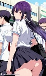 1girls ai_generated ass bare_ass bottom_view breasts city covered_nipples crowd encoder female haitekudasai_takamine-san large_breasts long_hair no_panties no_underwear outdoors public school_uniform skirt street takamine_takane tie uncensored walking white_shirt wind_lift