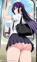 1girls ai_generated ass bare_ass bottom_view breasts covered_nipples crowd encoder female haitekudasai_takamine-san large_breasts long_hair no_panties no_underwear outdoors public school_uniform skirt subway takamine_takane tie train uncensored white_shirt