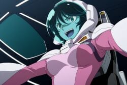 ai_generated breast_focus chest_focus female_villain freckles freckles_on_face ginger ginger_female ginger_hair gundam gundam_00 hair_between_eyes hazel_eyes helmet large_breasts mecha_pilot_suit mobile_suit_gundam nena_trinity pilot_suit tagme twintails twintails_(hairstyle) villainess yellow-eyed_female yellow_eyes