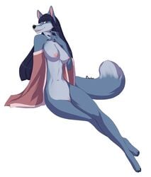 anthro barefoot black_nose blue_fur blue_hair bourbon._(artist) breasts canine digitigrade female fox fur hair mammal nipples open_mouth pussy simple_background smile solo teeth tongue white_background