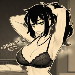 ai_generated andrew_graves armpit bare_shoulders big_breasts bra breasts dialog dialogue female female_focus female_only green_eyes half-dressed hands_behind_head huge_breasts imminent_incest imminent_sex large_breasts mature mature_female milf mother mother_and_son necklace ponytail renee_graves solo solo_female solo_focus sweat sweatdrop sweating sweating_female sweating_profusely sweaty text the_coffin_of_andrew_and_renee the_coffin_of_andy_and_leyley tied_hair tying_hair underwear